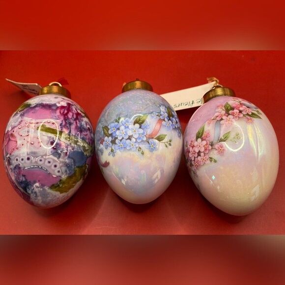 3 Christmas Ornaments Hand Painted Porcelain Egg Shape Pink Blue Purple 3”